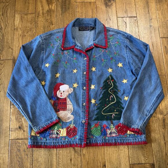 New Direction Jackets & Blazers - New Direction VTG Christmas Embroidered Denim Jacket Y2K Cottagecore Plus Sz 1X